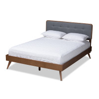 Baxton Studio Dilara-Dark Grey/Ash Walnut-King Dilara Mid-Century Modern Dark Grey Fabric Upholstered Walnut Brown Finished Wood King Size Platform Bed